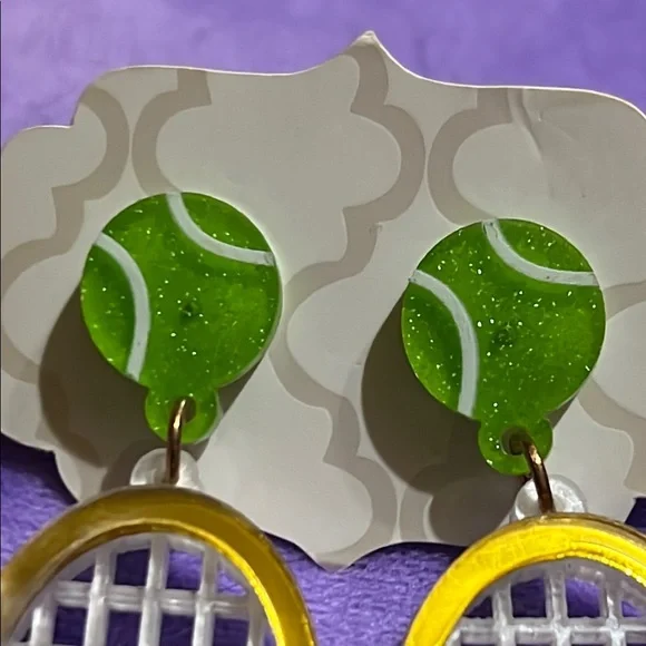 Tennis Racket Earrings with Green and Pink Accents - Picture 3 of 4